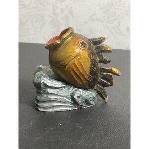 Hand-Carved and Painted Vintage Fish Figurine Vase Decor